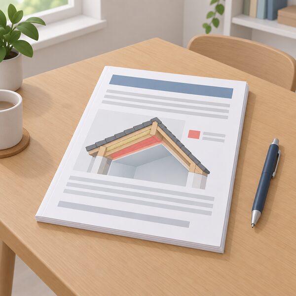 A printed survey report lying on a table in a home, its pages showing blank line blocks and a simple diagram of a pitched roof with a plain colour band marking the condensation risk area, beside a pen.
