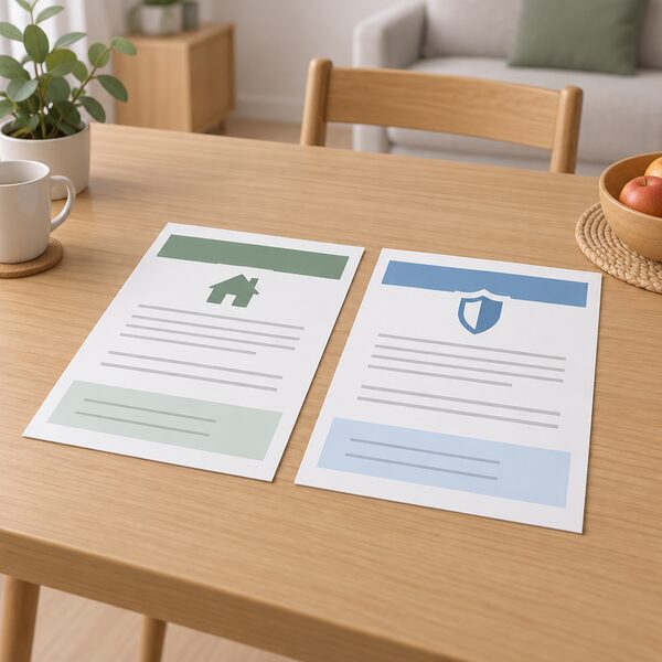 Two guarantee documents lying side by side on a household table, one a trader workmanship guarantee and one an insurance-backed guarantee, each shown as a printed sheet with plain colour bands and blank lines, with no readable words or numbers.