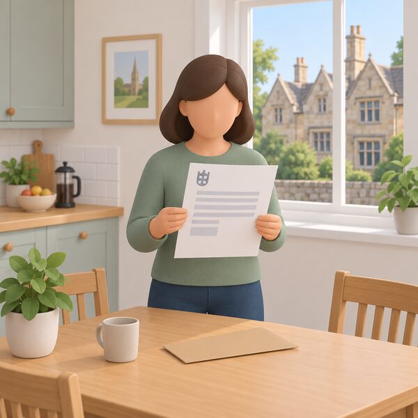 A householder standing at a kitchen table holding an official-looking consent decision letter from the council, with a period listed building visible through the window behind, before any installer or spray foam work has begun.