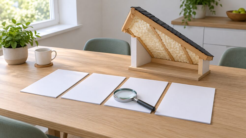 A tidy arrangement on a kitchen table of four blank documents laid out in a row — a survey report, a product certificate, a trader guarantee and a manufacturer guarantee — beside a small model of a sloped roof underside coated in spray foam, with a magnifying glass resting on the papers.