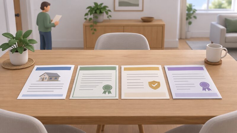 Four spray foam paperwork documents laid out on a domestic table: a survey report, a product certificate, a trader guarantee and a manufacturer guarantee, each a separate printed sheet or folder with content shown only as blank lines and plain colour bands, no readable words or numbers.
