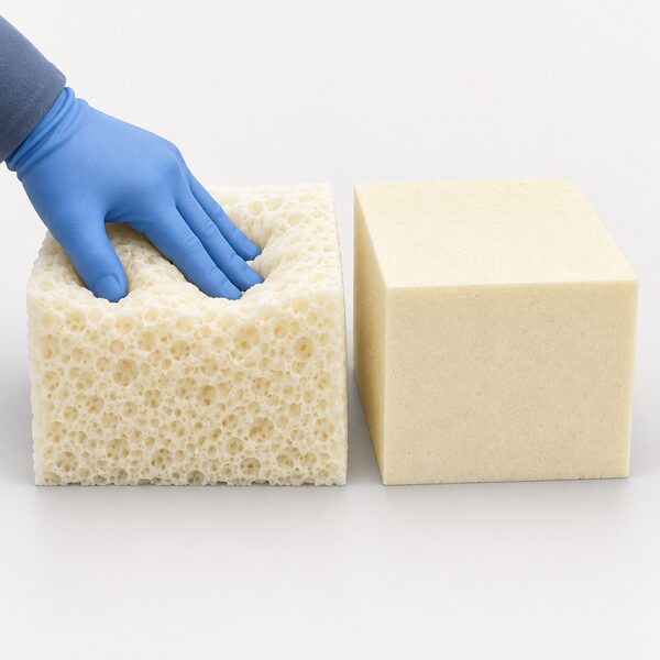 A gloved hand pressing into a soft, spongy block of open cell spray foam that dents under the fingers, beside a rigid, hard block of closed cell spray foam that does not compress, both shown as set cured foam samples side by side for comparison.