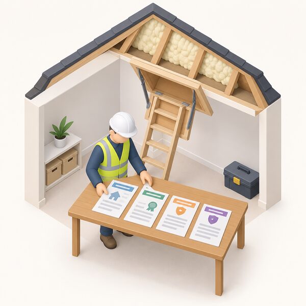 A loft hatch open above with a glimpse of sprayed foam between rafters, while on a table below four documents lie spread out: a survey report, a product certificate, a trader guarantee and a manufacturer guarantee, with a simplified surveyor figure arranging them.