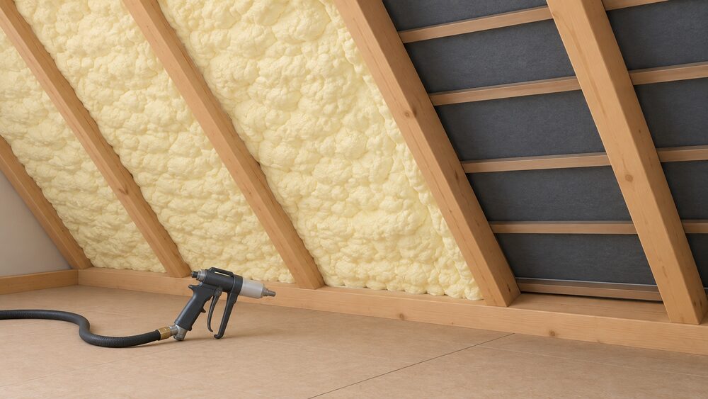 A close-up of a loft roof slope where pale yellow spray foam has been applied to the underside of the sloping roof between the rafters, with a section left unfoamed showing the bare timber rafters and roof covering, and a spray gun resting nearby.