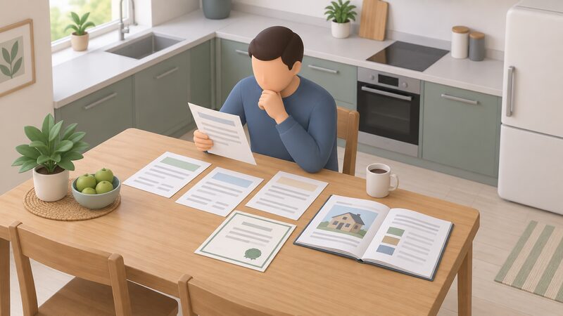 A householder seated at a kitchen table comparing several printed quote sheets and a product certificate, with a survey report open beside them, all documents shown with blank lines and plain blocks instead of readable text.