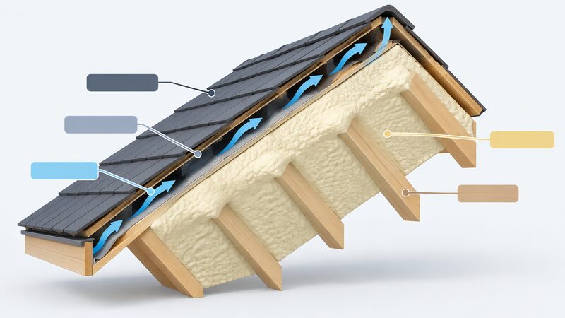 A cutaway diagram of a pitched roof slope showing the roof covering, underlay and rafters in section, with spray foam filling the gaps between the rafters and coating over them, and a clear ventilation air path running above the foam up to the ridge, with blank leader lines marking each layer.