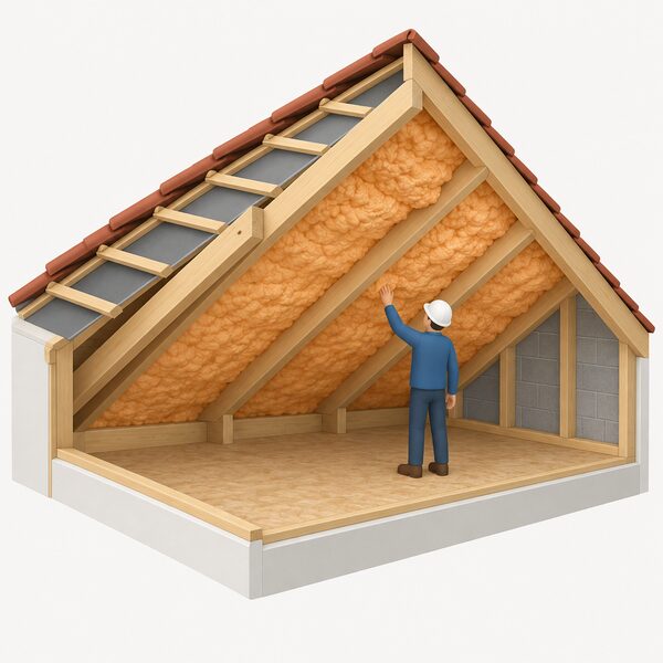 A cutaway view of a domestic timber sloped roof from inside the loft, showing orange-brown spray foam applied directly to the underside of the rafters and between them, with the roof underlay and battens visible above the foam and a small isometric figure inspecting the sprayed surface.