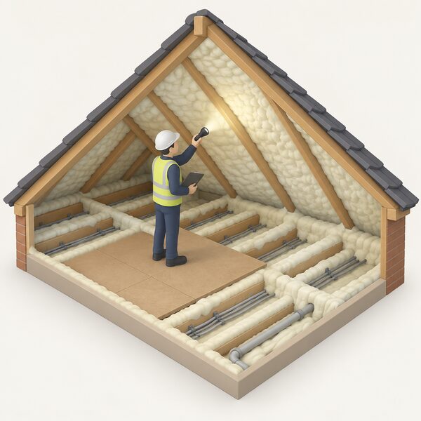 A surveyor with a torch and clipboard stands on loft boarding in a pitched roof space, examining the underside of the sloping roof where spray foam has been applied between and over the rafters, with joists, wires and pipework also coated below.