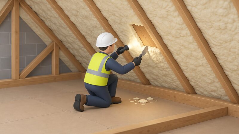A surveyor in a loft uses a hand tool to cut away a small section of spray foam from between the rafters of a sloping roof, exposing the timber beneath for inspection, with a torch lighting the exposed rafter.