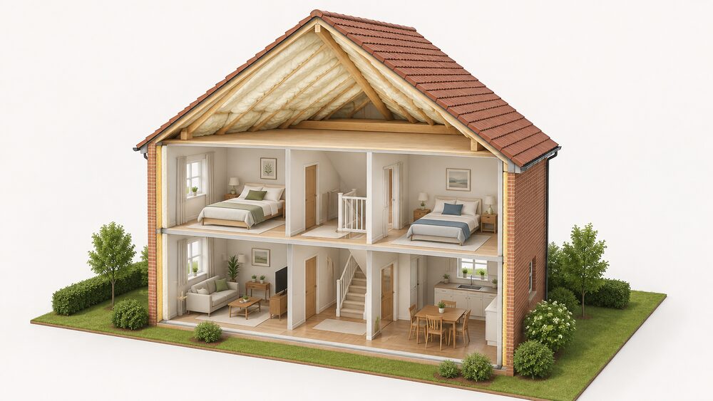 A cutaway house showing the loft roof space where spray foam has been applied directly to the underside of the sloping rafters and timbers, sealing them, with no ventilation gap left so moisture is trapped against the timber.