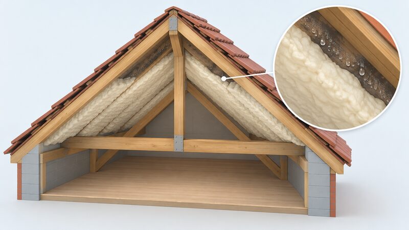 A cutaway roof space showing spray foam coating the underside of the rafters, with droplets of condensation trapped between the foam and the darkened, damp timber, and no ventilation gap letting moisture escape.