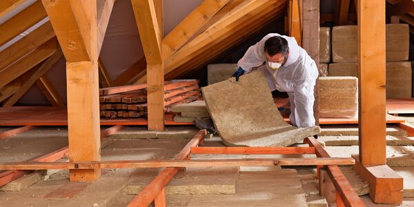 A worker in white protective overalls and a mask laying mineral wool insulation between joists in a loft