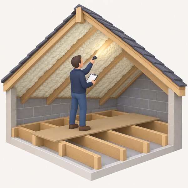 A surveyor in plain clothing standing on a loft crawlboard between the joists, holding a torch and inspecting the underside of the pitched roof where spray foam has been applied to the rafters, with a clipboard in hand.