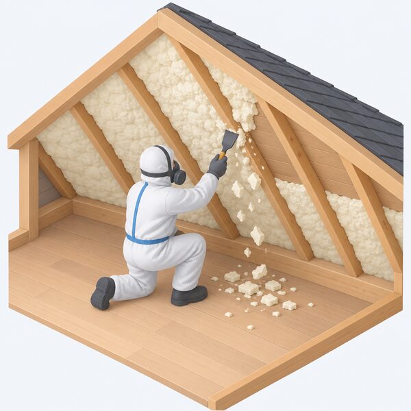 A specialist in protective gear kneeling in a loft space, scraping hardened spray foam off the underside of sloping roof timbers, with chunks of removed foam falling away and exposed bare rafters visible where the work is already done.