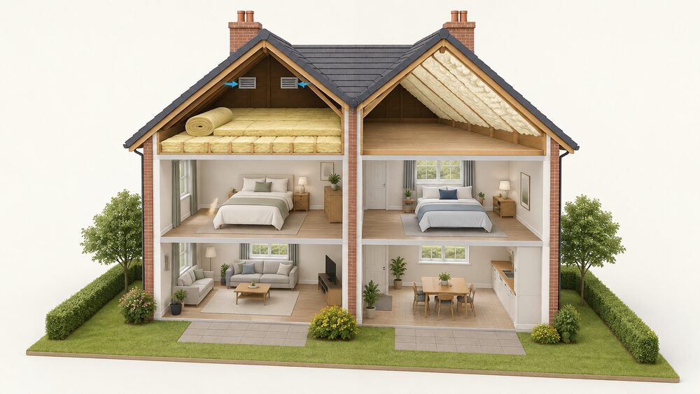 A cutaway of two adjoining pitched-roof lofts shown side by side: the left loft has pale yellow mineral wool rolls laid between the ceiling joists and a second layer over them, while the right loft has spray foam applied to the underside of its sloping roof timbers, with a cold, ventilated roof void above the wool side.