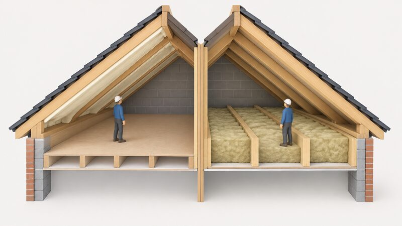 A cutaway cross-section of two side-by-side loft roof sections, one showing a thin layer of spray foam applied between the rafters and the other showing a visibly thicker layer of mineral wool blanket laid between joists, drawn to the same scale so the wool layer reads clearly deeper than the foam.