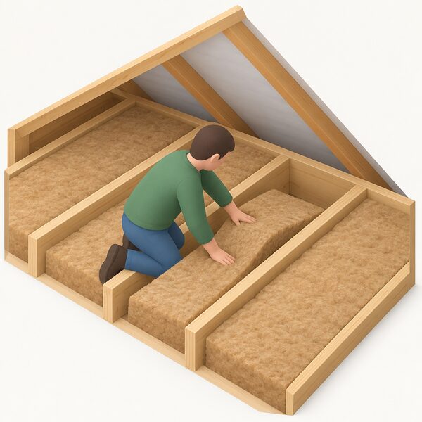A simplified isometric view of a loft space showing a soft, flexible wood fibre insulation batt pressed by hand into the gap between two parallel timber joists, with neighbouring joist bays already filled with the same batt material and the underside of the roof slope above.