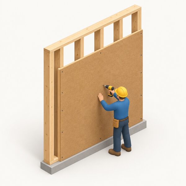 A rigid wood fibre sheathing board fixed across the outside of an upright timber frame wall, closing the frame, with a small isometric figure fixing the board to the studs.
