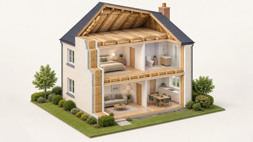 A cutaway two-storey house showing thick wood fibre insulation boards with render on the outside of its walls, flexible batts fitted between the sloping rafters of the roof, and batts laid between and over the floor joists of the loft.