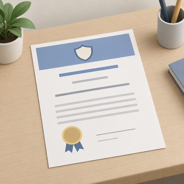 A printed certificate document lying flat on a plain table, shown as a physical sheet with a plain colour header band, a simple emblem-shaped block and blank lines where the certification body's details and product name would appear, with no readable words or logos.