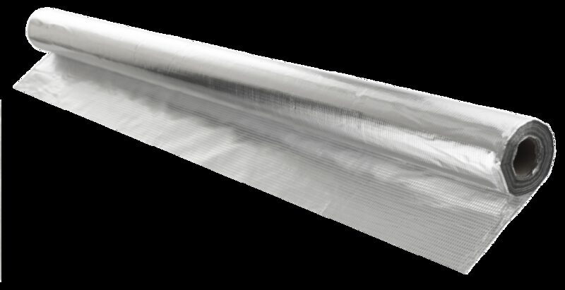 A roll of reflective foil multilayer insulation (SuperFOIL SFTV vapour control layer) partially unrolled on a white background