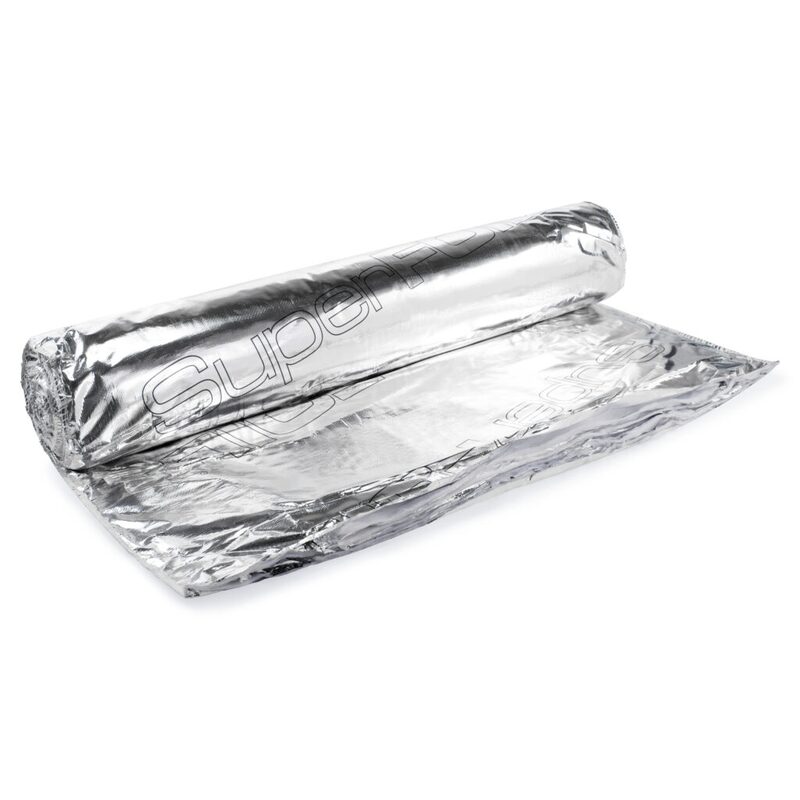 A partially unrolled roll of reflective multifoil insulation with SuperFoil branding printed on the foil surface