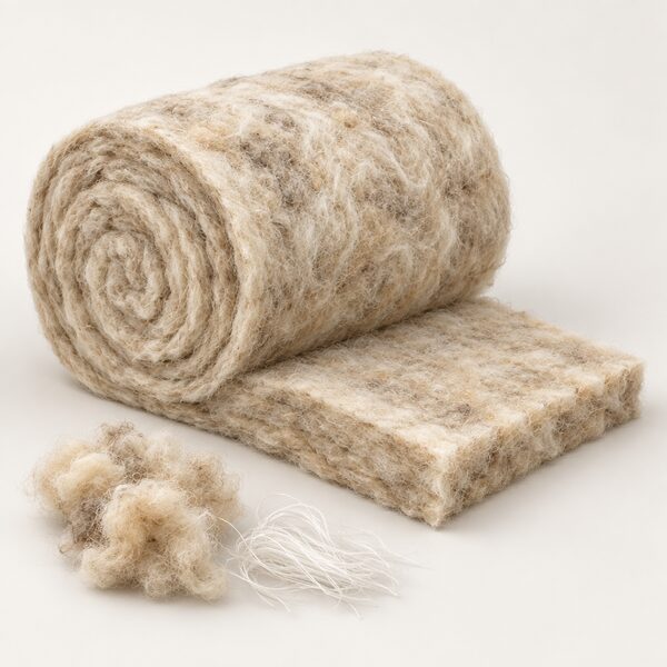 A close-up of a partially unrolled sheep wool insulation batt resting on a plain surface, its cut edge and soft fibrous surface shown in detail, with a small tuft of loose wool fibres and a few strands of fine polyester binder fibre beside it to suggest the blended composition.