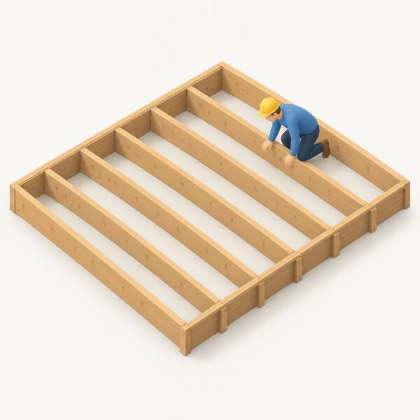 An empty loft space seen in cutaway, with parallel timber joists spanning the scene and clear rectangular bays between them awaiting insulation, one small isometric figure kneeling on the joists looking down into the unfilled space.