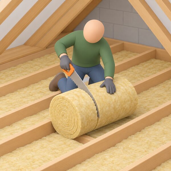 A simplified figure kneeling between loft joists, using an insulation saw to cut through a tightly rolled length of wool insulation laid across the joists, with the compressed roll held steady as the saw blade cuts straight through the many layers at once.