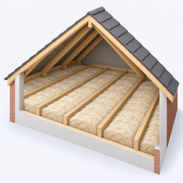 A dry loft space with rolls of wool insulation laid snugly between the timber joists across the loft floor, the material shown in normal dry service conditions with no damp patches, leaks or water staining anywhere on the joists or insulation.