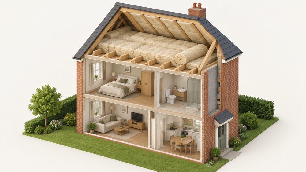 A cutaway house roof space in daylight showing thick wool insulation rolls laid between and over the loft joists, with a denser slab friction-fitted between rafters, and no insulation in any brick cavity wall.