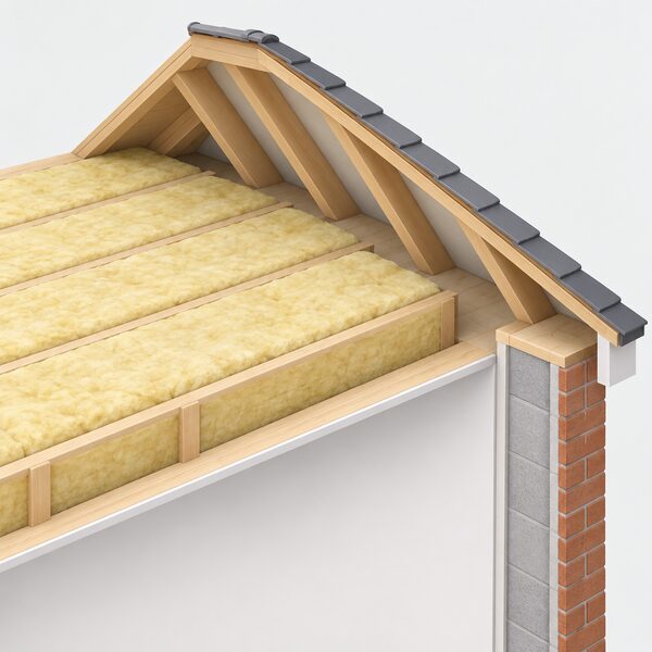 A cutaway loft interior showing a deep, even blanket of insulation laid between ceiling joists that stops short of the sloping eaves, leaving a bare gap at the wall head where the rafters meet the top of the external wall.