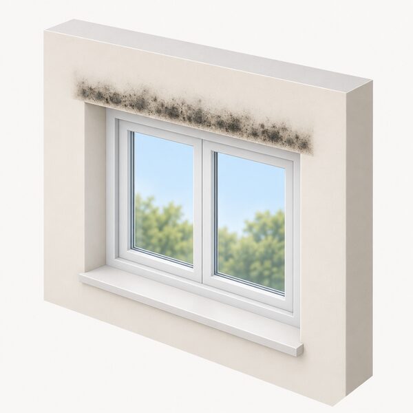 An interior wall above a window opening where dark mould growth appears as a horizontal band following the line of the lintel, with the window frame and surrounding masonry shown plainly unaffected below it.