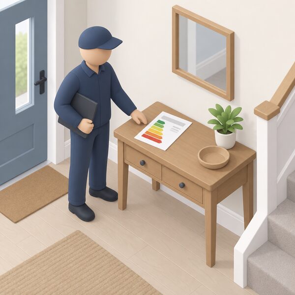An Energy Performance Certificate shown as a physical printed document lying on a table in a home hallway, its front page carrying a plain colour rating band and blank lines, with a small simplified figure standing beside the table having just delivered it.