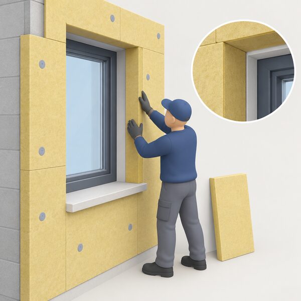An installer in plain work clothing fits an insulation board into the internal reveal of a window opening in a solid wall, pressing it so it runs continuously from the wall face insulation around the reveal corner to the window frame, with a second board ready nearby.