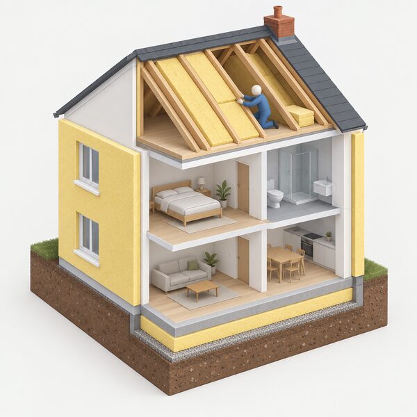 A cutaway isometric view of a small house showing a thick external solid wall insulation layer, a floor insulation layer beneath the ground-floor slab and a deep roof insulation layer across the pitched roof, with a simplified figure fitting roof insulation between the rafters.