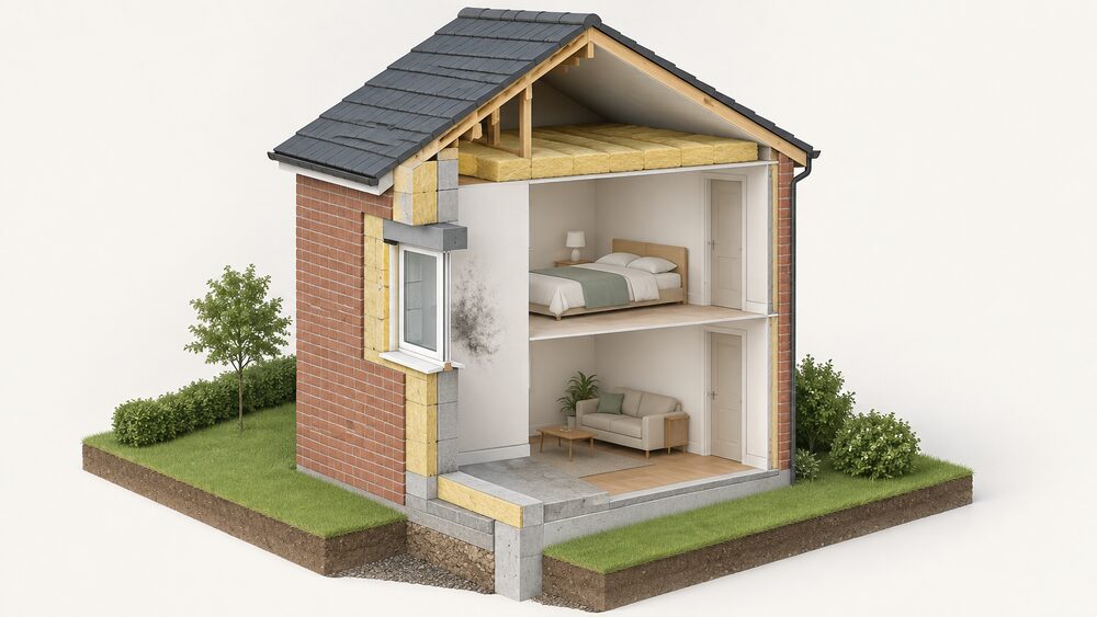 A cutaway of a small house showing the building fabric junctions where thermal bridges occur: a window reveal and steel lintel in an external wall, the eaves where wall insulation stops short of roof insulation, and a floor edge where a concrete slab meets the external wall, with a cold mouldy patch on the internal wall surface near the window.