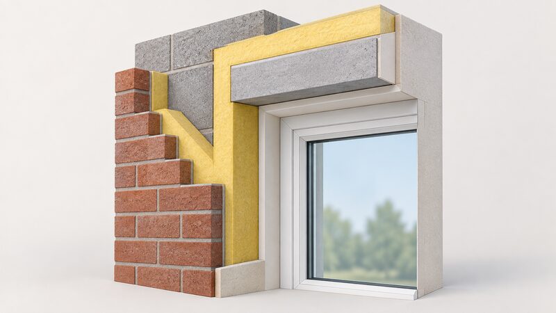 A cutaway cross-section of a window reveal in an external wall, showing the wall's insulation layer carried continuously around the corner past the lintel to the window frame edge, with the continuous insulation line emphasised in a single plain colour.