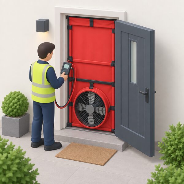 A blower door fan sealed into the open external doorway of a dwelling, with an accredited tester standing beside the adjustable frame and pressure gauge, ready to pressurise the house and measure the rate at which air leaks out.