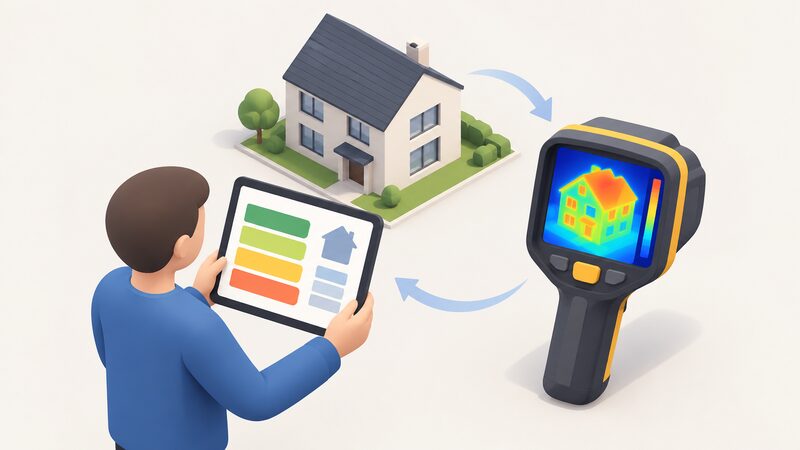 A simplified isometric figure holds a tablet displaying a home energy dashboard of plain colour blocks beside a handheld thermal camera whose screen shows a heat-map style image of a house, representing measured assessment feeding heat pump specification.