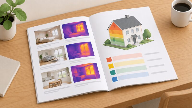 A printed thermal survey report lies open on a wooden table, one visible page showing a grid of room photographs with blank thermal-image blocks and plain lines, the facing page showing a summary of thermal elements as simple colour-banded blocks, with no readable words or numbers.