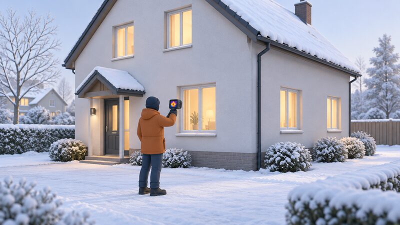 A surveyor in a warm coat stands on the ground outside a house on a cold winter day, holding a handheld thermal camera raised and pointed at the external wall, with lit windows suggesting the home is heated inside.