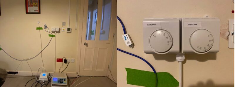Two side-by-side photos of a test room with monitoring equipment and wires, plus a close-up of a wall-mounted room thermostat dial