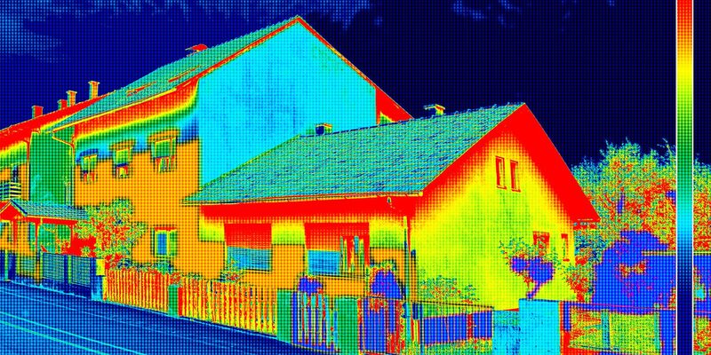 Thermal camera image of two houses showing heat loss in red and yellow on walls and roofs
