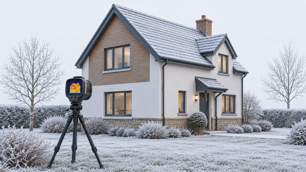 A detached house on a cold winter day with a professional thermal imaging camera on a tripod standing on the ground in front of it, aimed at the house's external walls and roof, with bare trees and a frosty garden around it.