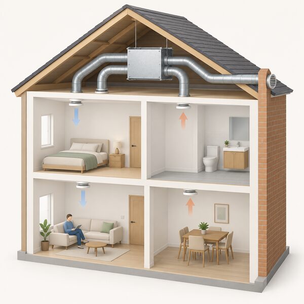A mechanical ventilation heat recovery unit in a plain Zintec sheet steel housing mounted high on a home's wall or loft space, with four round ducts connected: two supply and two extract ducts running to ceiling terminals, one extract route leading to an outside wall terminal.