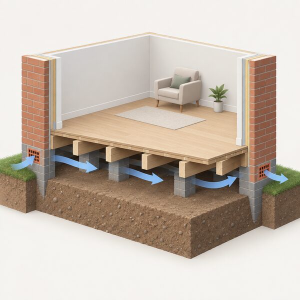 A cutaway view of a house corner showing air vents in the external wall just below floor level, with air flowing through the underfloor void between the soil and the suspended timber floor joists, travelling from one side of the building towards the other.