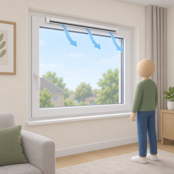 A close-up of a slim trickle vent fitted along the top rail of a window frame, with its slot open to the room and a small simplified figure beside the window showing its scale, set in an ordinary UK room wall.