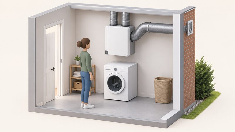 A compact heat recovery ventilation unit mounted high on a utility room wall with a washing machine standing on the floor directly beneath it and insulated ducting running from the unit toward an exterior wall.