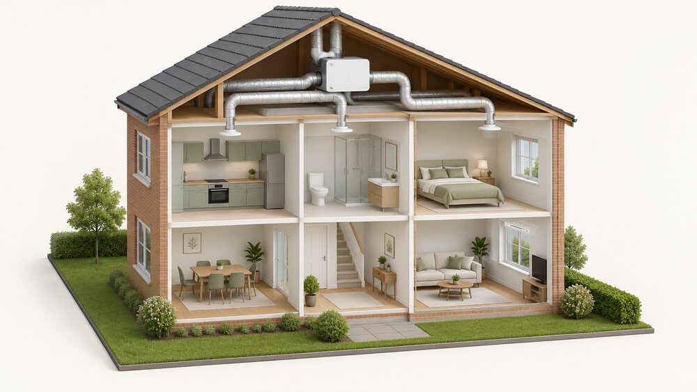 A cutaway house showing a heat recovery ventilation unit in the loft with insulated ducting running above the ceilings to a kitchen, bathroom and living room outlets, while a window in the living room wall carries a slim trickle ventilator at the top of its frame.